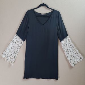 Altar’d State Womens L Black Mini Dress crochet off white bell sleeve V neckline